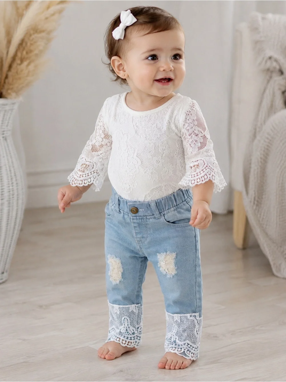 PatPat Baby Light Blue Distressed Denim Jeans with White Lace Trim
